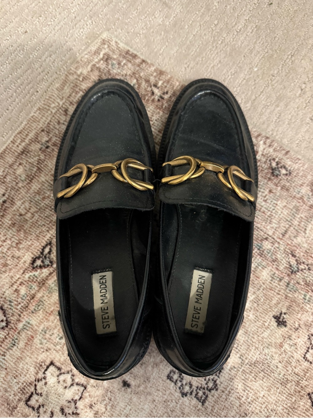 Steve Madden Black Leather Loafers with Gold Chain Accent